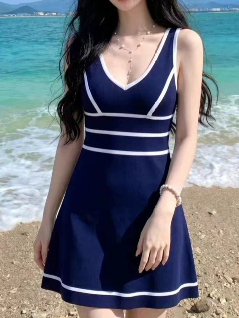ZARA Petite Summer Navy Knit Cami Dress Contrast Stripe Waist Cinch Mini Dress